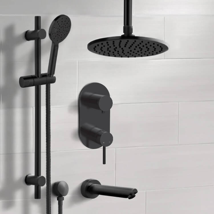 Remer TSR72 Matte Black Tub and Shower Set With 8 Inch Rain Ceiling Shower Head and Hand Shower